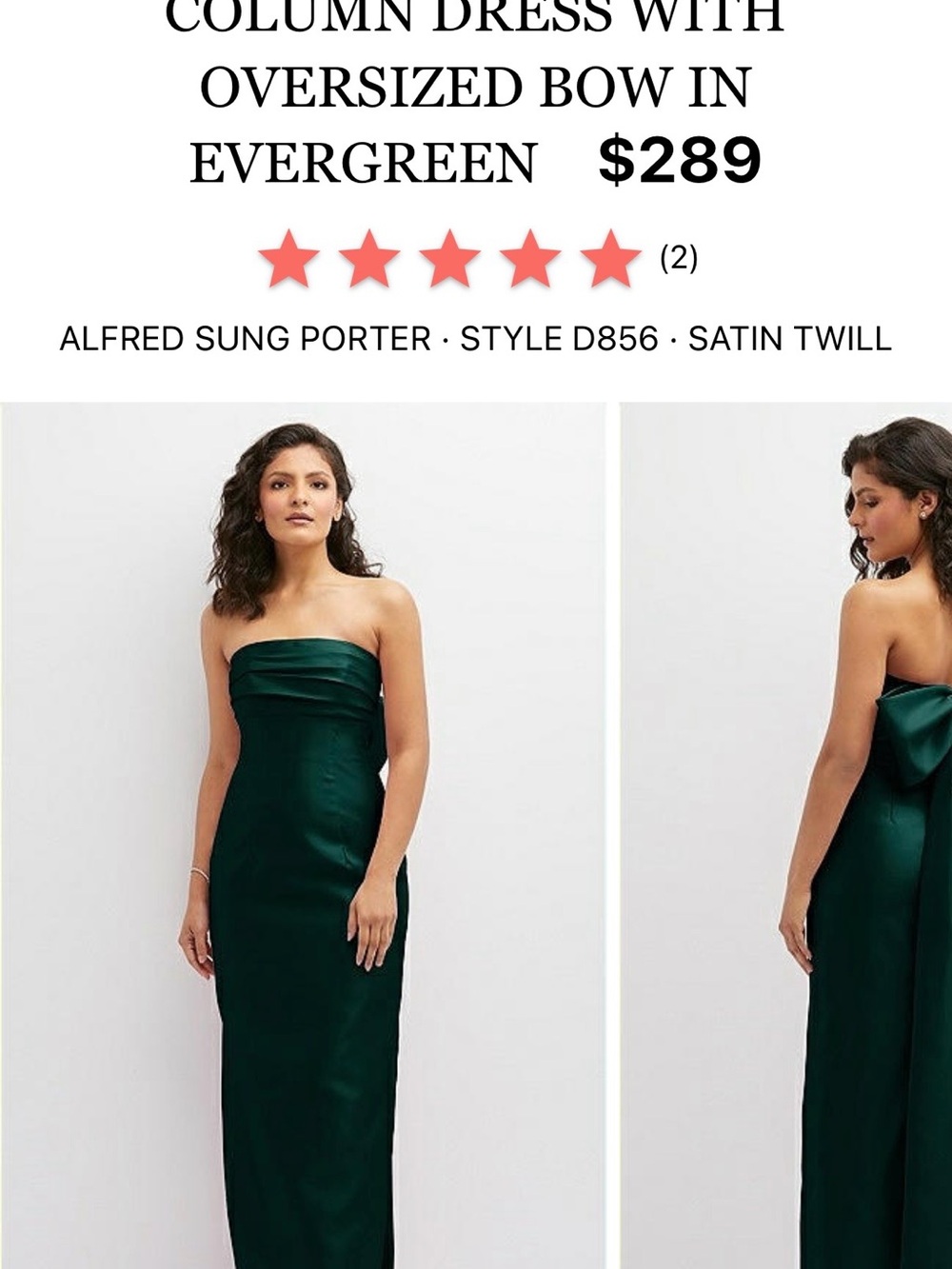 ALFRED SUNG Evergreen Satin Strapless Column Gown with Back Bow